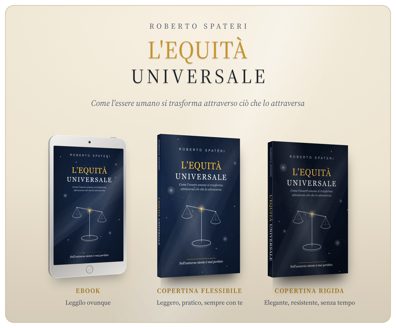 Le tre versioni disponibili di L'Equità Universale: ebook, copertina flessibile e copertina rigida.